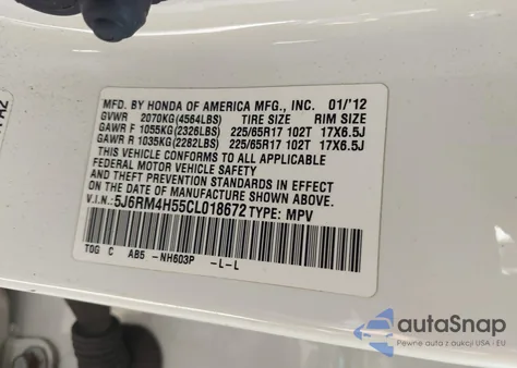 2012 Honda Cr-V Ex z USA, uszkodzony, nr VIN 5J6RM4H55CL018672